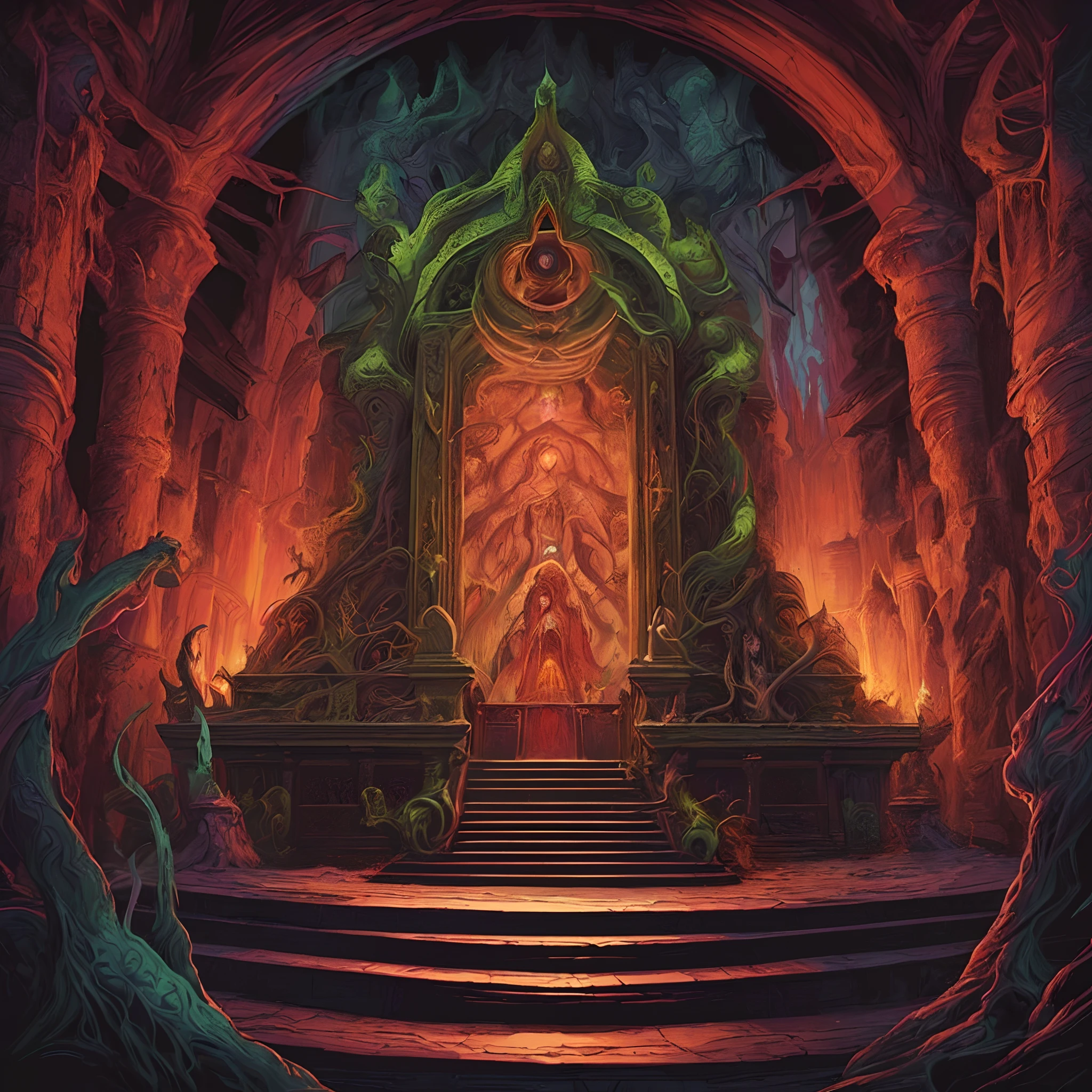 a painting of a throne in a dark cave with stairs, dan mumford and alex grey style, entrance to ethereal realm, el bosco and dan mumford, symmetrical epic fantasy art, a portal to the lost flame realm, dan mumford. concept art, dan mumford. maya render, majestic occult gates, decadent throne room, elven palace of ghemathar, the glowing throne