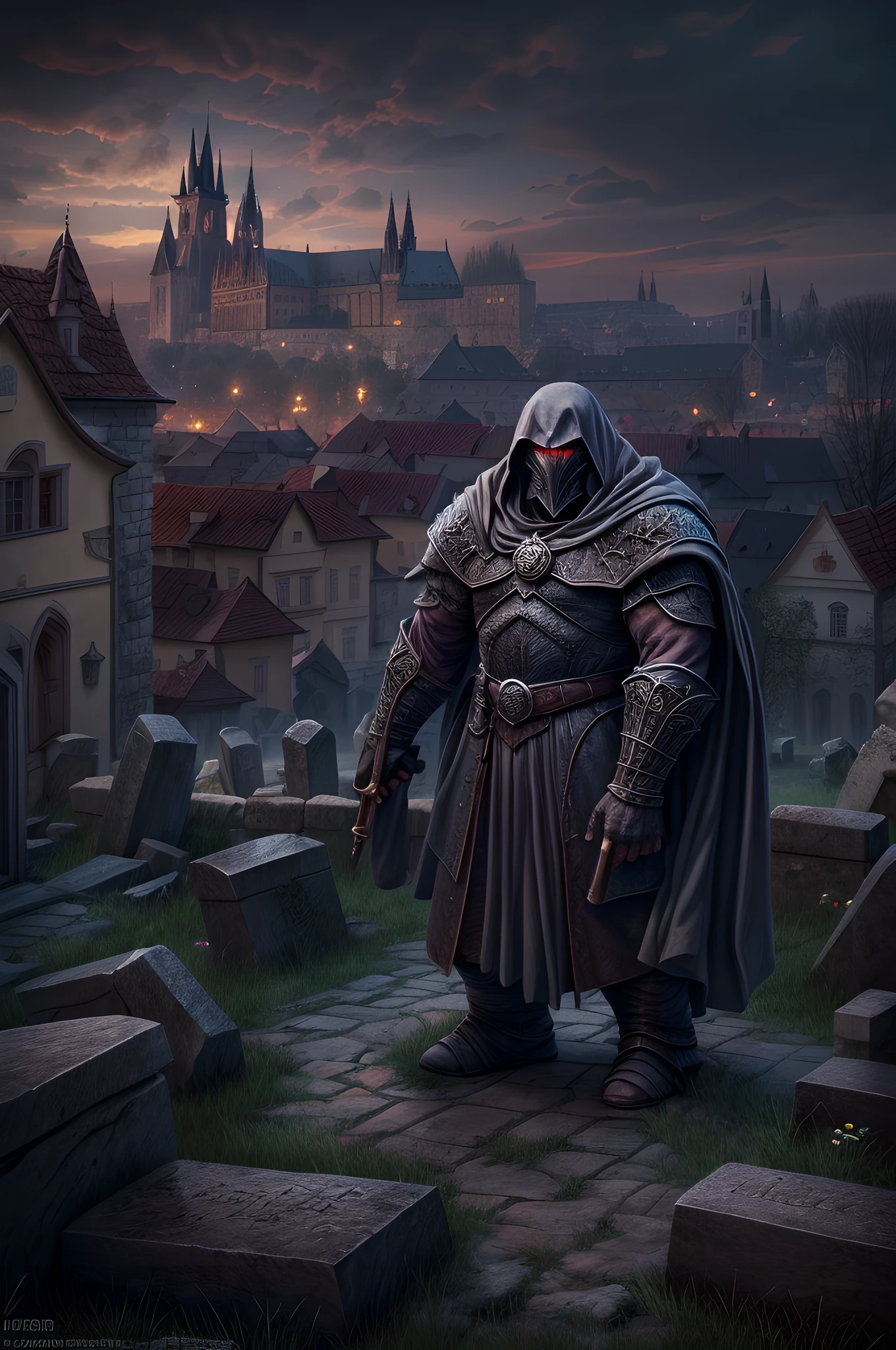 Dark fantasy art, Dark RPG art, (best detailed : 1.5), (best quality,ultra-detailed),(fantasy,imaginary) of the Golem in Prague guarding the Jewish cemetery at night, an epic clay Golem, massive body, Glowing Purple eyes, massive arms, he is standing in the ancient jewish cemetry in Prauge in the middle ages, the castle of Prague in the background, best quality, (extremely detailed: 1.5), picture taken from dynamic range, ultra wide shot, photorealism, depth of field, hyper realistic, 2.5 rendering,