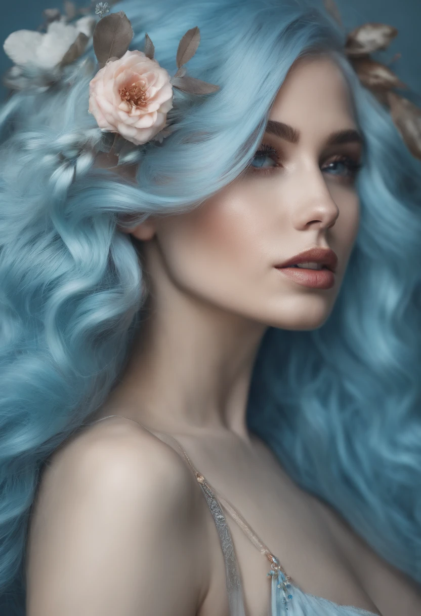 1 girl with long light blue hair, nude