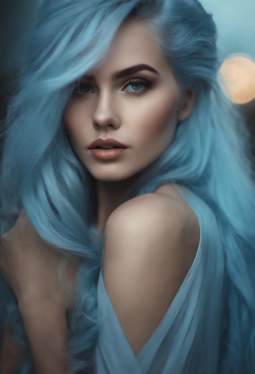 1 girl with long light blue hair, nude