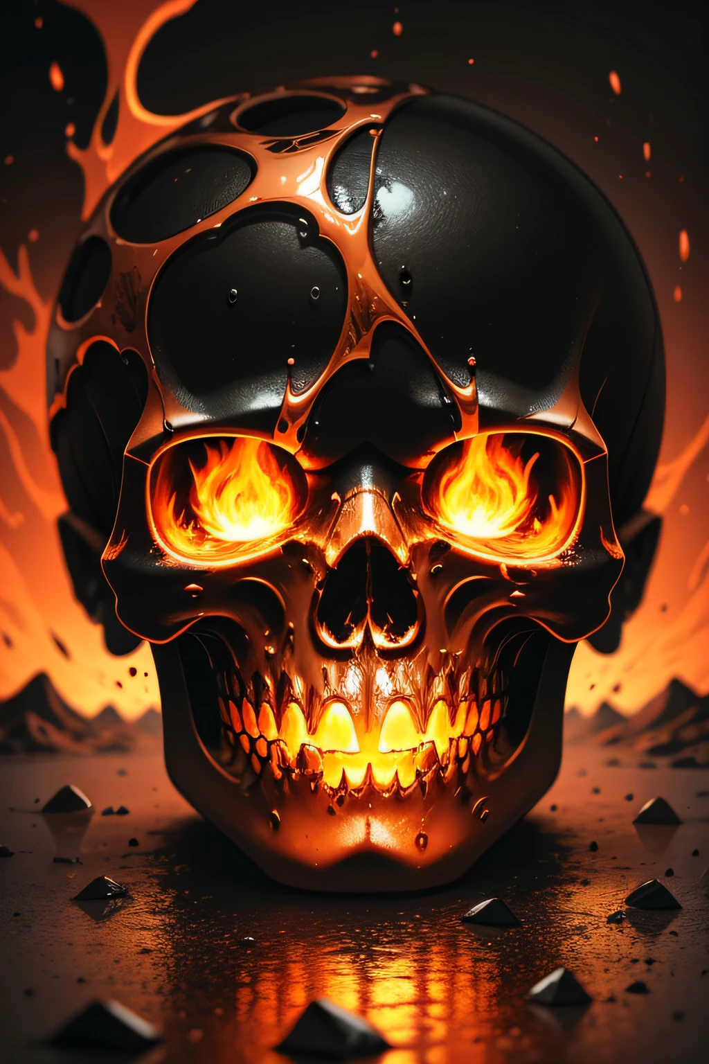 Molten lava falls on a glass skull which cracks and shatters
