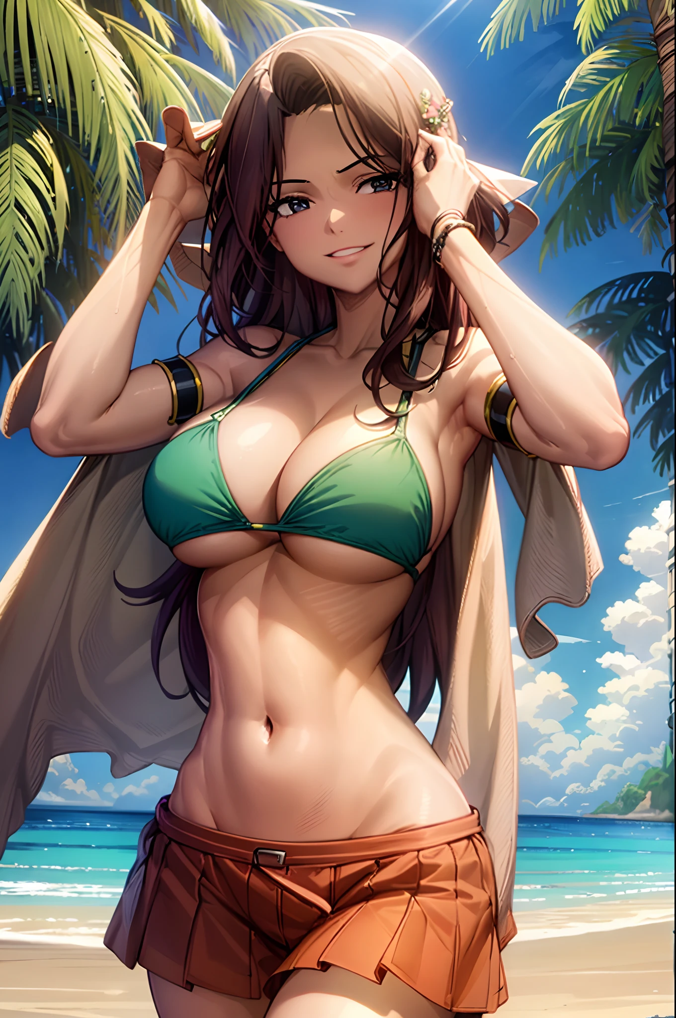 masterpiece, high quality, 8k, best quality, masterpiece, cinematic lighting, extremely detailed CG unity 8k wallpaper, canarnd, 1girl, mature female, big boobs ,bikini, beach, summer, sunlight, ocean,wind, cloudy sky, palm tree, smile, parted lips, looking at viewer