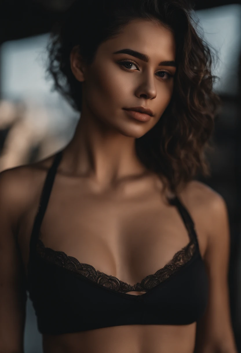 ultra fotorrealista |, Cinematic lighting, pele ultra detalhada, poros da pele, finely detailed features:1):0.9, muito atraente, Ear strap, Colar de prata, Batom vermelho, Sedutor, arafed woman in a black bra top posing for a picture, (topless) e-, Foto Pinterest, Vestir. rosto perfeito, Cabelos loiros, Videos de TikTok, Arcos, Rosto de Ahegao, tiro de corpo inteiro