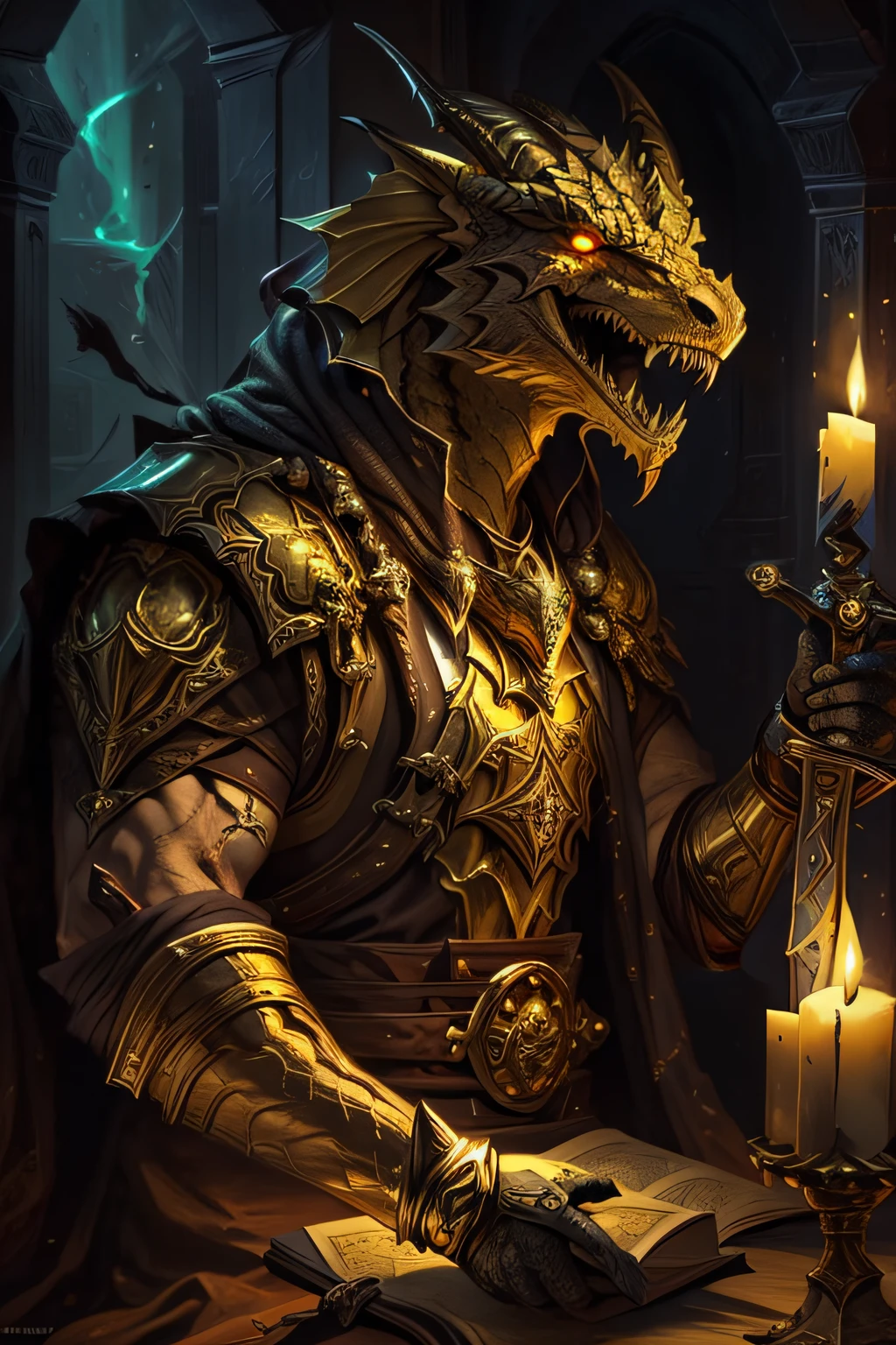 beautifull gold dragonborn, solo, yellow eyes, male, sitting, male focus, horns, teeth, indoors, armor, book, glowing, sharp teeth, shoulder armor, gauntlets, pauldrons, candle , ((masterpiece, best quality)), muscle, sword