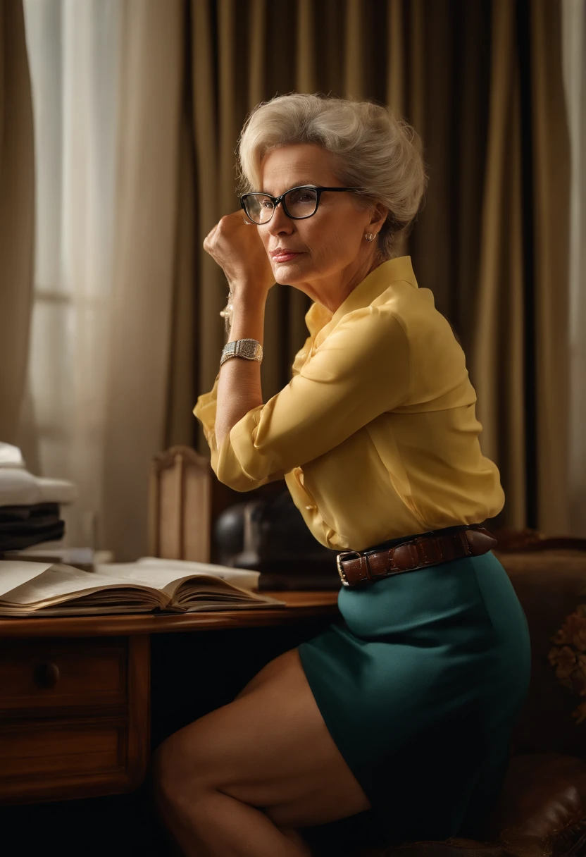 desperate to pee mature businesswoman at her desk, holding herself, looking worried,, ethereal quality, (((belt around waist is hanging loose))) and open around skirt, around waist is hanging loose and open, opened and hanging off skirt, glasses slipping off her nose, legs, confidence, ( hair in a bun), (((glasses slipping off nose))), and needs to pee, mature woman A beautiful blonde mature woman rumpled from frantic movements: Victoria's clothes become slightly rumpled and disarranged from her frantic movements, adding a hint of chaos to her otherwise polished appearance. The wrinkles and creases only serve to humanize her, making her seem more approachable and vulnerable. 35mm nikon (photorealistic:1.4), highly detailed, intricate detail, delicate and beautiful, good lighting, professional lighting, sharp focus, detailed shadows, exquisite details and textures, tired, candid shot, best quality, 8k, uhd, photorealistic