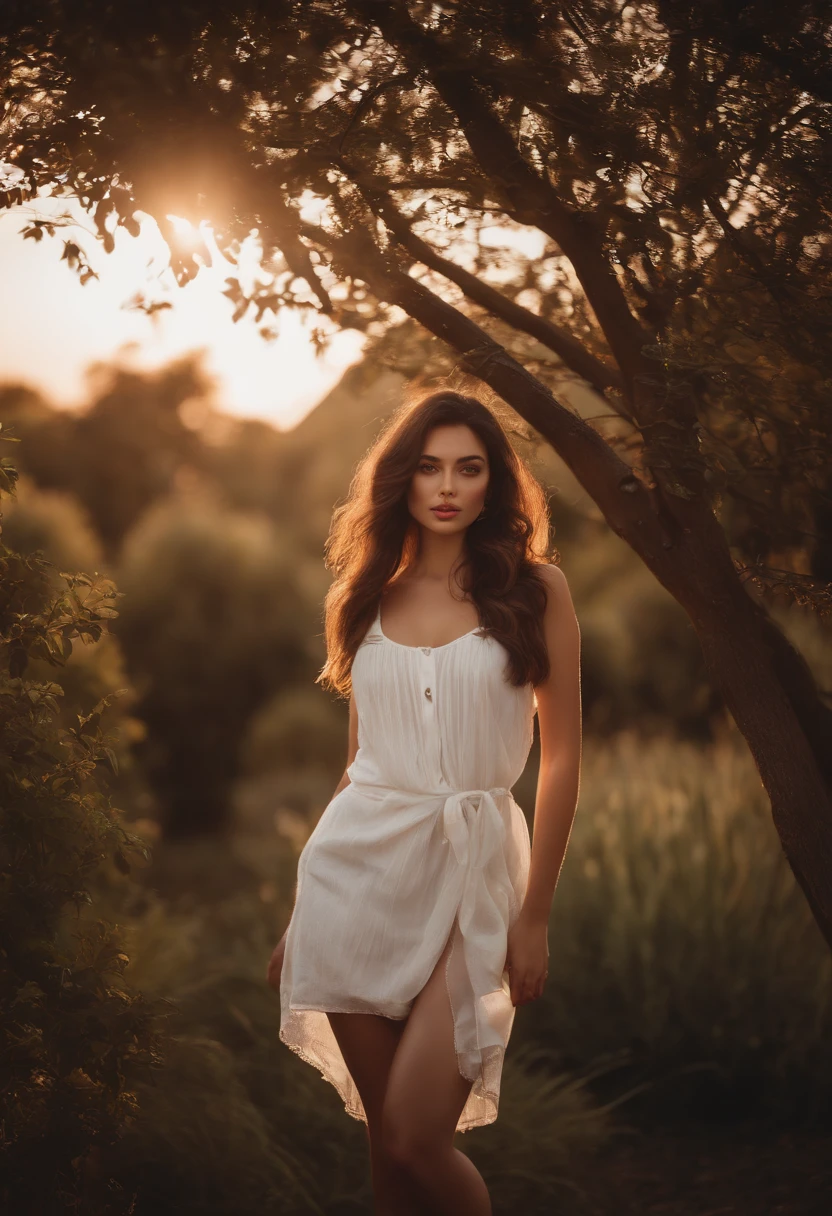 Arad woman in white lingerie, in the garden with a beautiful sunset as a backdrop, Sexy girl with brown eyes, portrait sophie mudd, brown hair and big eyes, Full body photo of a young woman, Augen im Schlafzimmer, Violet Myers, No-Make-up, Natural makeup, Schauen Sie direkt in die Kamera, Gesicht mit Artgram, dezentes Make-up, Stunning full-body shots, , massive Dekolleté, Arina Hashimoto