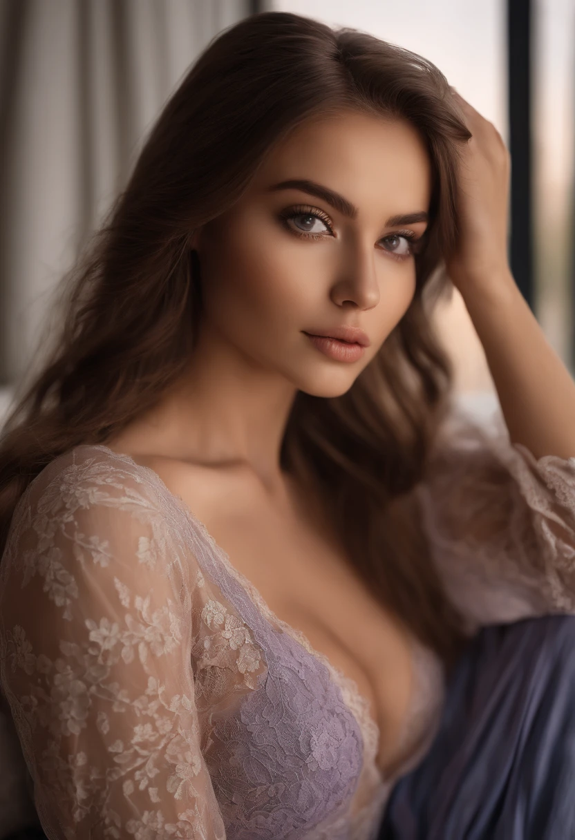 arafed woman fully , sexy girl with brown eyes, ultra realistic, meticulously detailed, portrait sophie mudd, brown hair and large eyes, selfie of a young woman, dubai eyes, violet myers, without makeup, natural makeup, looking directly at the camera, face with artgram, subtle makeup, stunning full body shot bending over bed, in bedroom, medium to large size bust, see through lace underwear