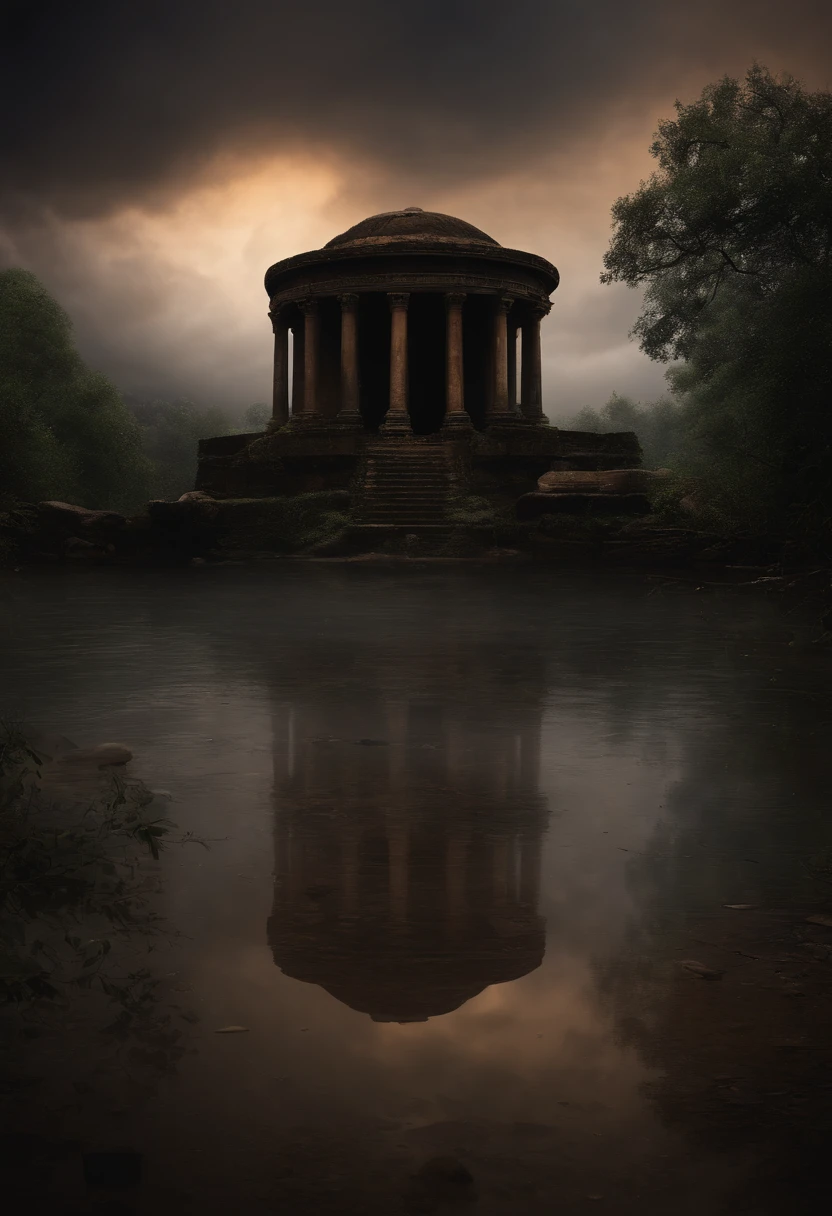 (best quality, masterpiece),( dark sky, heavy rain, inside abandoned temple, low water level stagnant water, ), realistic background, 2112, light*_black_particle,