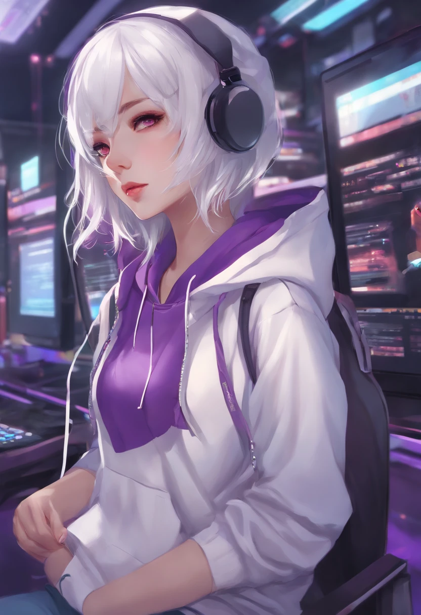 Anime girl, with short white hair, Purple eyes, Hoodie, personal computers, streamer, vtuber, Street style