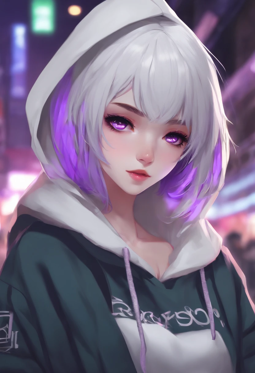 Anime girl, with short white hair, Purple eyes, Hoodie, personal computers, streamer, vtuber, Street style