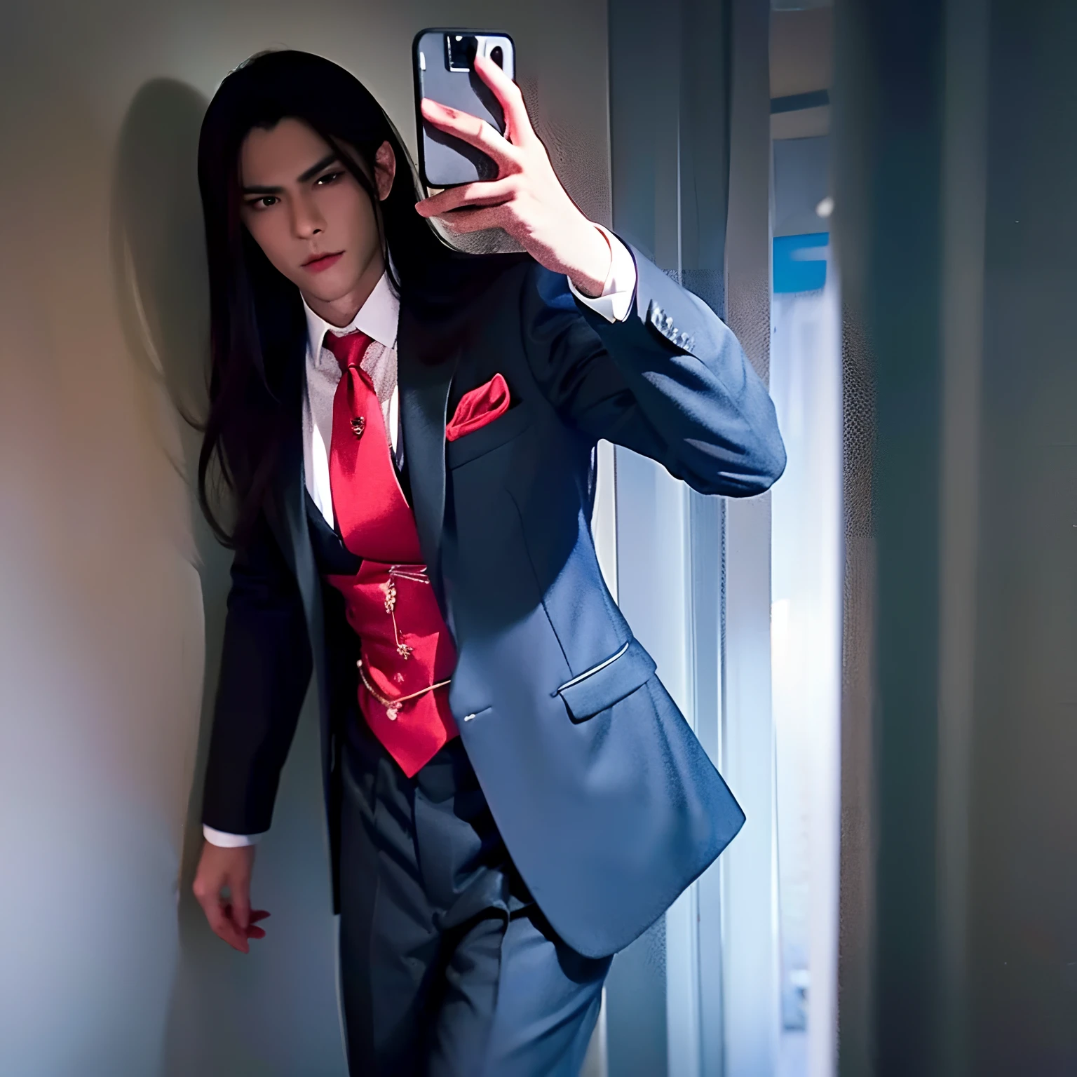 young man, long black hair, Black Suit, ((Red Tie)), red eyes, face, handsome, 1 man, seductive, selfie