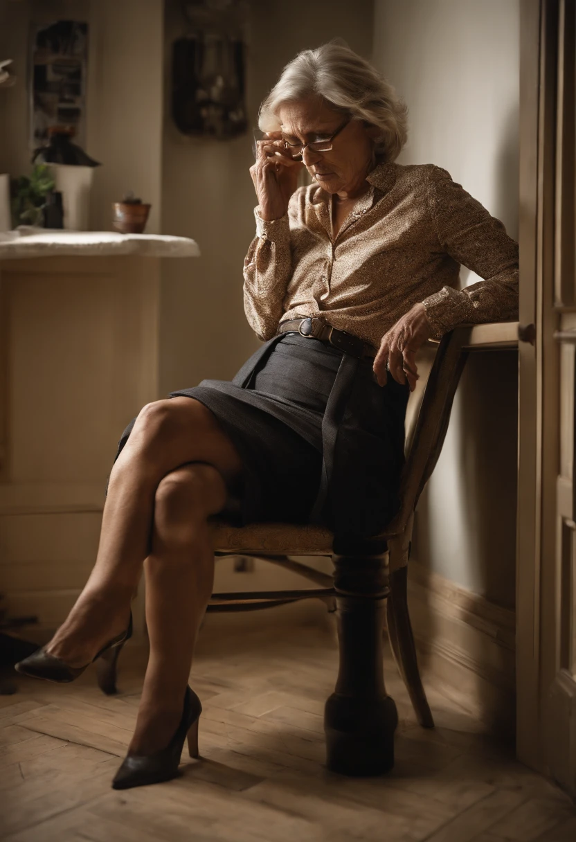 desperate to pee mature businesswoman at her desk, holding herself, looking worried,, ethereal quality, (((belt around waist is hanging loose))) and open around skirt, around waist is hanging loose and open, opened and hanging off skirt, glasses slipping off her nose, legs, confidence, ( hair in a bun), (((glasses slipping off nose))), and needs to pee, mature woman A beautiful blonde mature woman rumpled from frantic movements: Victoria's clothes become slightly rumpled and disarranged from her frantic movements, adding a hint of chaos to her otherwise polished appearance. The wrinkles and creases only serve to humanize her, making her seem more approachable and vulnerable. 35mm nikon (photorealistic:1.4), highly detailed, intricate detail, delicate and beautiful, good lighting, professional lighting, sharp focus, detailed shadows, exquisite details and textures, tired, candid shot, best quality, 8k, uhd, photorealistic