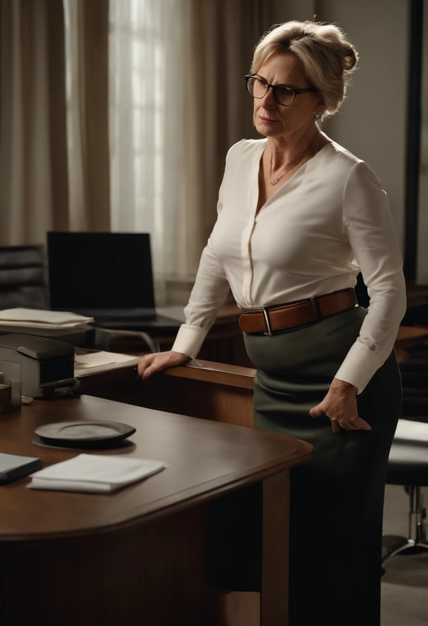 desperate to pee mature businesswoman at her desk, holding herself, looking worried,, ethereal quality, (((belt around waist is hanging loose))) and open around skirt, around waist is hanging loose and open, opened and hanging off skirt, glasses slipping off her nose, legs, confidence, ( hair in a bun), (((glasses slipping off nose))), and needs to pee, mature woman A beautiful blonde mature woman rumpled from frantic movements: Victoria's clothes become slightly rumpled and disarranged from her frantic movements, adding a hint of chaos to her otherwise polished appearance. The wrinkles and creases only serve to humanize her, making her seem more approachable and vulnerable. 35mm nikon (photorealistic:1.4), highly detailed, intricate detail, delicate and beautiful, good lighting, professional lighting, sharp focus, detailed shadows, exquisite details and textures, tired, candid shot, best quality, 8k, uhd, photorealistic