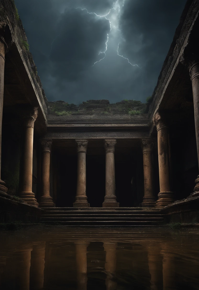 (best quality, masterpiece),( dark sky, heavy rain, inside abandoned temple, low water level stagnant water, ), realistic background, 2112, light*_black_particle,