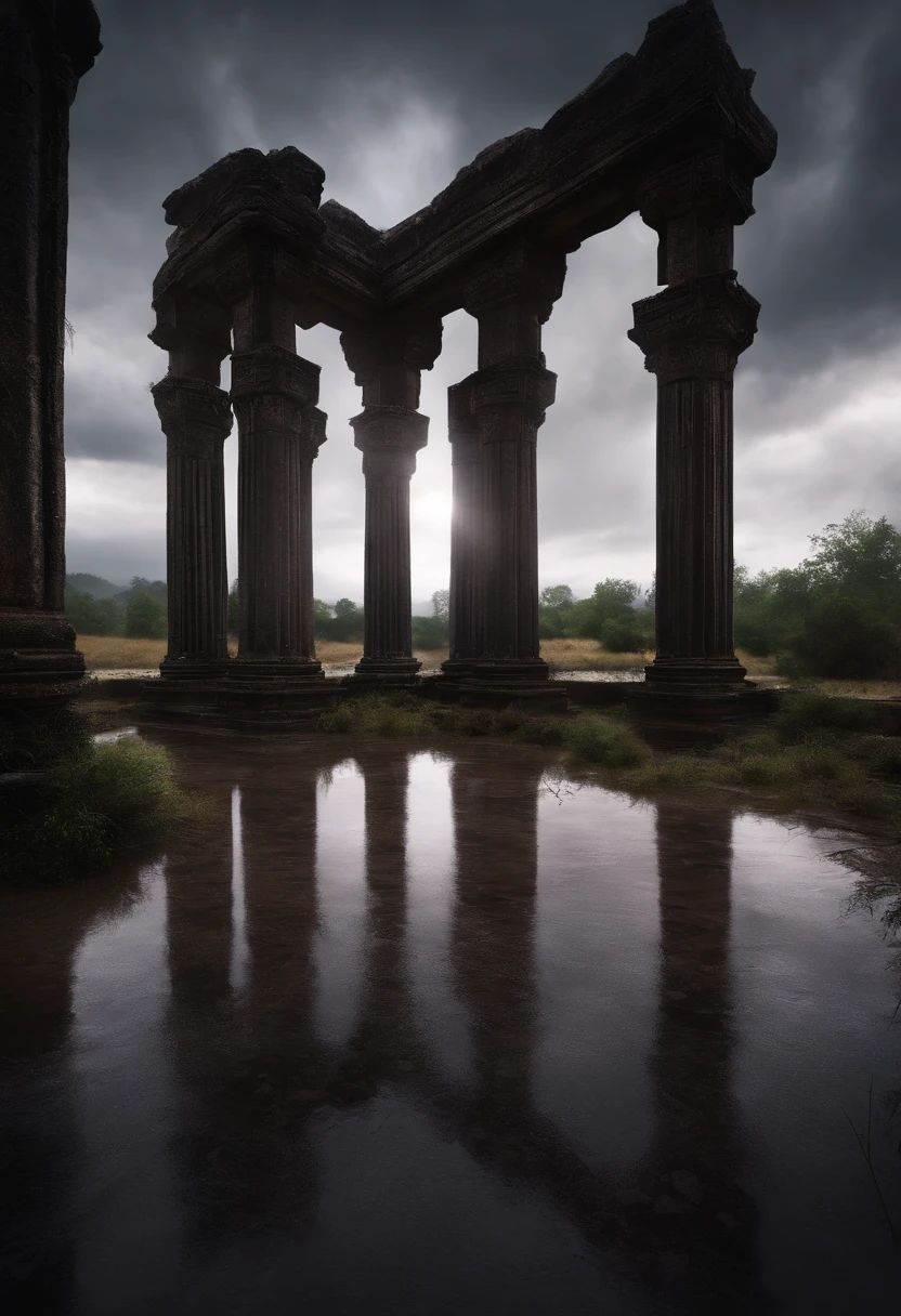 (best quality, masterpiece),( dark sky, heavy rain, inside abandoned temple, low water level stagnant water, ), realistic background, 2112, light*_black_particle,