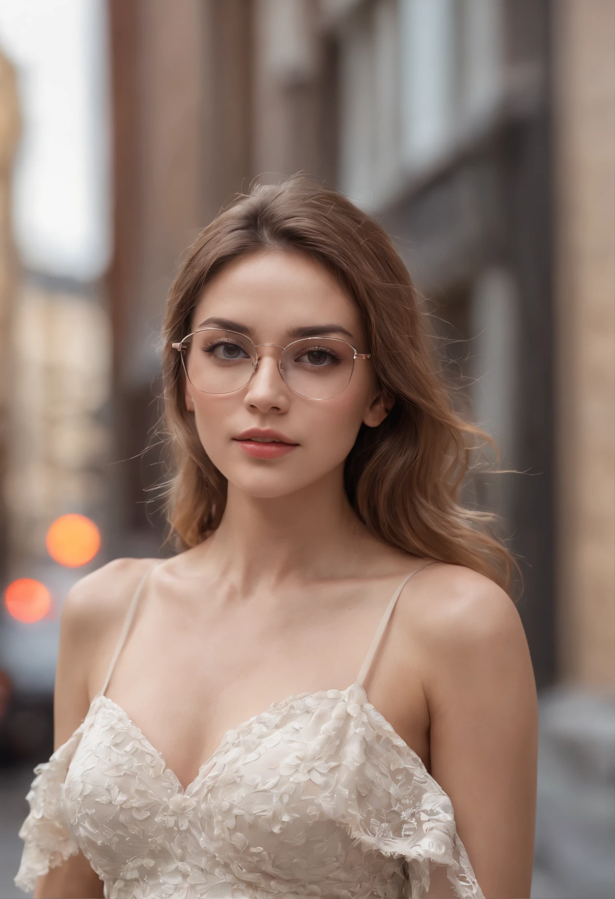 (masterpiece, Best Quality, photorealistic, ultra-detailed, finely detailed, high resolution, 8K wallpaper), 1 beautiful woman, nude ((full body)), earrings, necklace, light-brown messy hair, perfect dynamic composition, beautiful detailed eyes, white glasses, no bra, like a fashion magazine cover work, in the city
