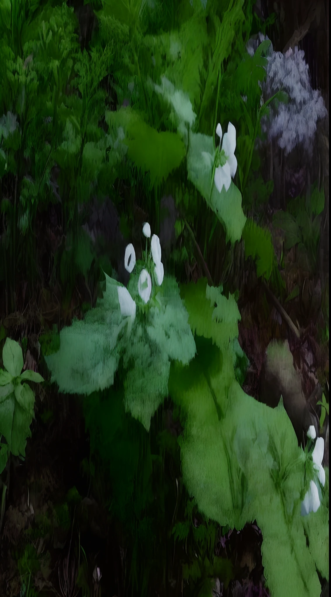There is a small plant with transparent crystal clear flowers growing in the forest, herb, Wild leaves, Flowers and leaves, Vicious snap crocodile plants, ivy, In forest glades, In the glades of the forest, Jim Nelson, big leaves and stems, --ar 16:9, white, Proteus vulgaris, Jan Henrik Rosen, Faye、Shining in the morning sun