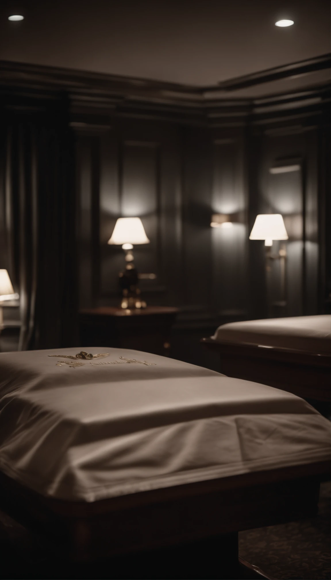 room of a funeral home at night, horror, haunting, ultra realistic 4k