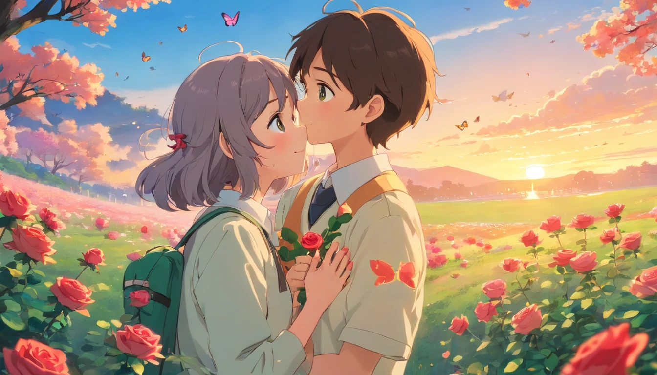 (highres:1.2), (beautiful detailed eyes:1.1), (beautiful detailed lips:1.1), (extremely detailed eyes and face:1.1), (longeyelashes:1.1), (HDR),(shimmering sunset),(grassy garden),(romantic atmosphere),(happy emotions),(high school uniforms), (tender moment),(timid smile),(blushing cheeks),(cute), (nostalgic:0.9), (painting-like),(soft lighting),(vibrant colors),(dreamy mood),(storybook-like),(young love),(butterflies in stomach),(shy glances),(school confession),(pure feelings),(heart racing),(bouquet of roses),(deep connection),(sincere words)