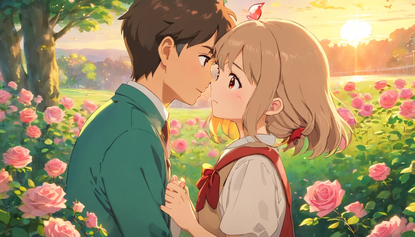 (highres:1.2), (beautiful detailed eyes:1.1), (beautiful detailed lips:1.1), (extremely detailed eyes and face:1.1), (longeyelashes:1.1), (HDR),(shimmering sunset),(grassy garden),(romantic atmosphere),(happy emotions),(high school uniforms), (tender moment),(timid smile),(blushing cheeks),(cute), (nostalgic:0.9), (painting-like),(soft lighting),(vibrant colors),(dreamy mood),(storybook-like),(young love),(butterflies in stomach),(shy glances),(school confession),(pure feelings),(heart racing),(bouquet of roses),(deep connection),(sincere words)