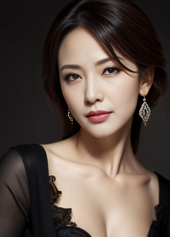 masterpiece,best quality, (one milf), ((portrait:1.5)), ((look down)), makeup, elegant black shirt, ouch own chest, ((seduction expression)),