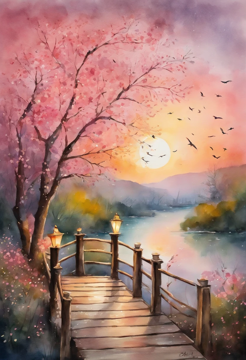 Tanabata Valentine's Day romantic poster，A couple kisses on a wooden bridge，Peach blossoms bloom on both sides of the river，Countless pink petals fell from the sky，Several magpies flew around in the sky