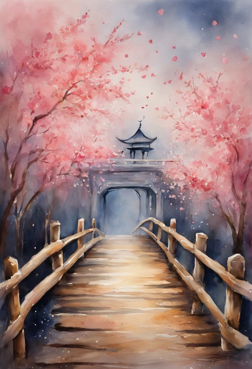 Tanabata Valentine's Day romantic poster,A couple kisses on a wooden bridge,Peach blossoms bloom on both sides of the river,Countless pink petals fell from the sky,Several magpies flew around in the sky
