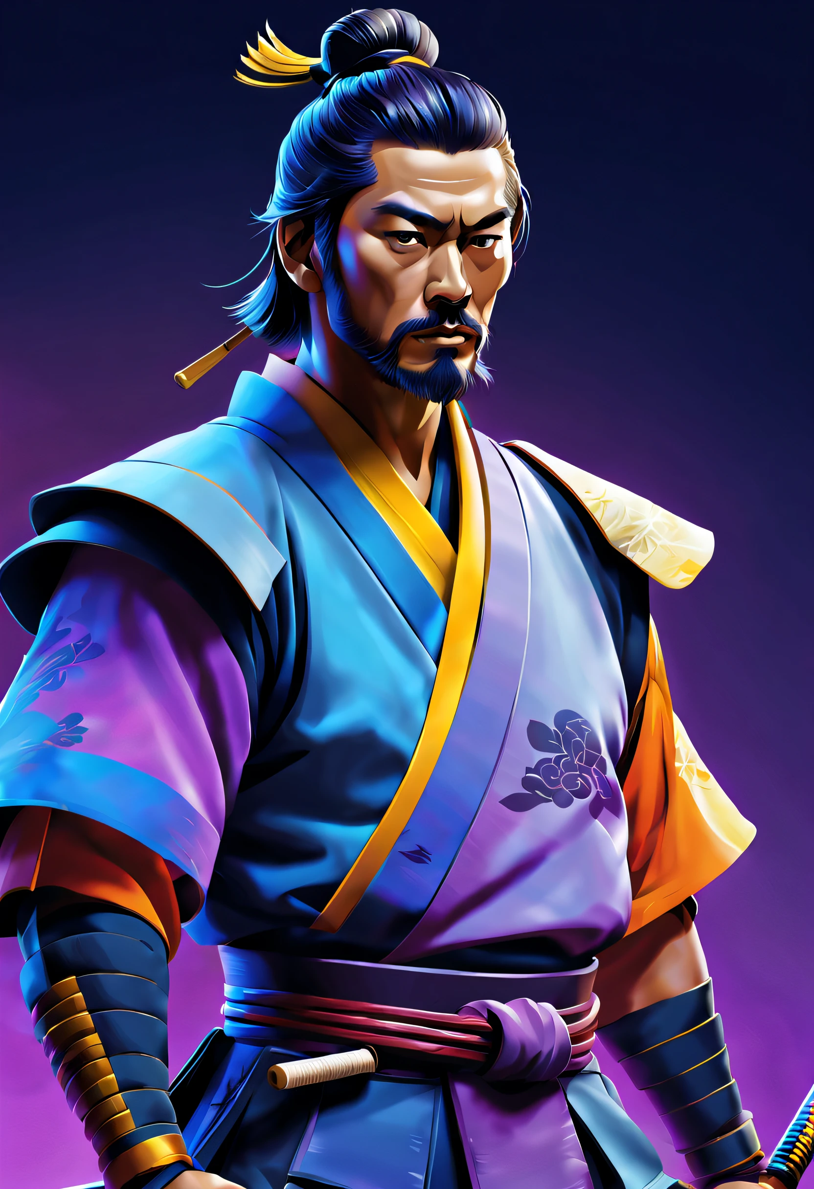 minimalistic, stylized digital painting of a male samurai , multilevel art, vivid colors, blue, yellow, violet, and orange colors, superflat vector style illustration, cinematic lighting. t-shirt design.