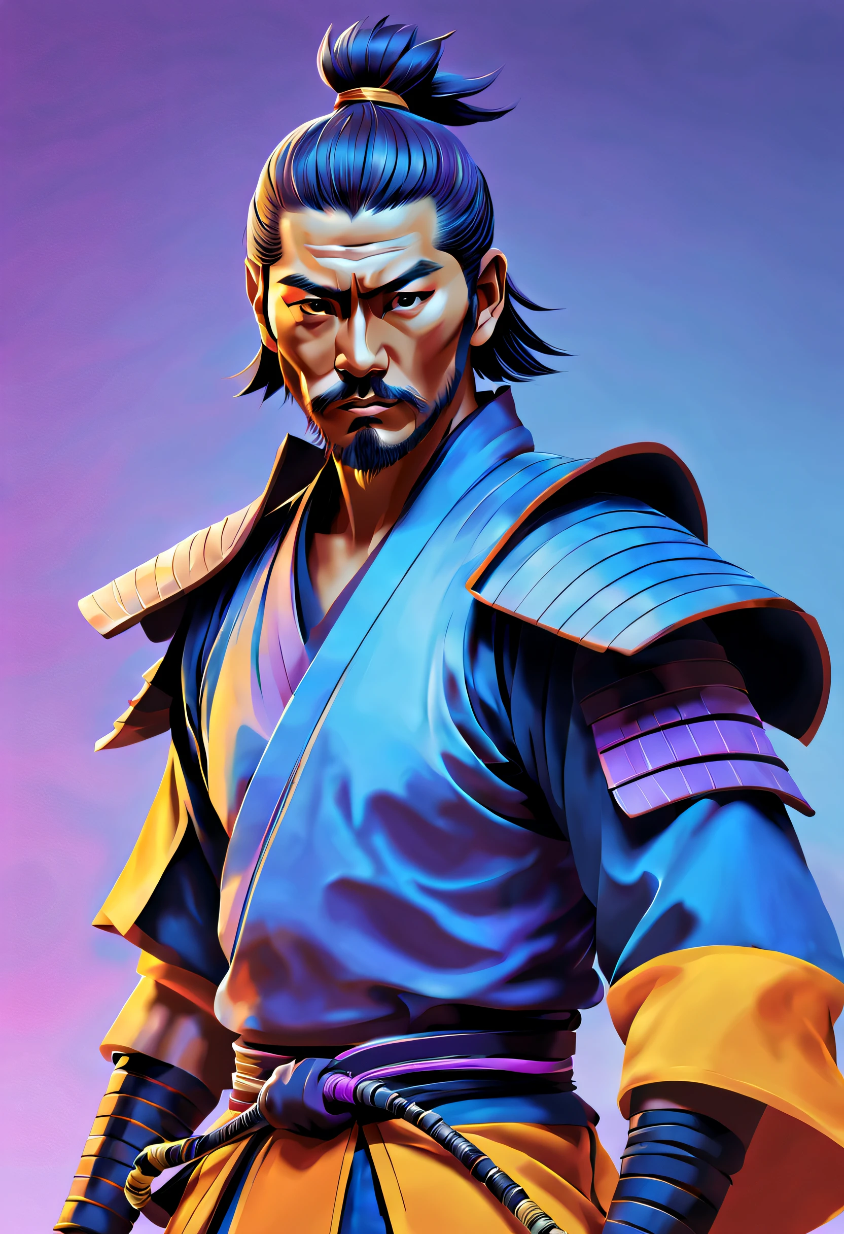 minimalistic, stylized digital painting of a male samurai , multilevel art, vivid colors, blue, yellow, violet, and orange colors, superflat vector style illustration, cinematic lighting. t-shirt design.