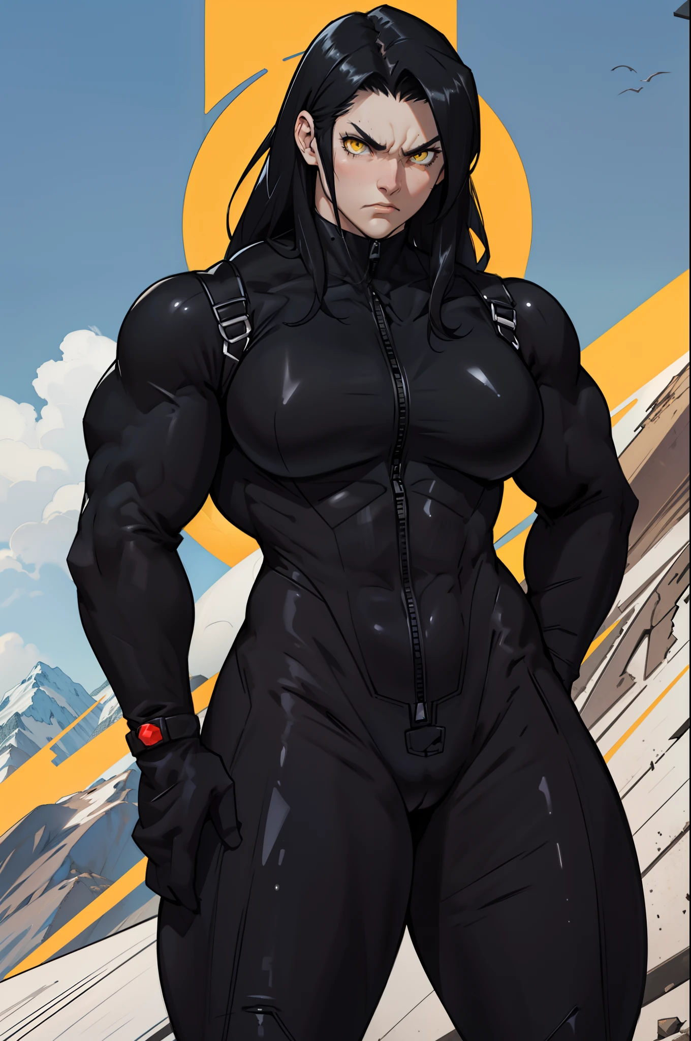 ((1 girl)), solo, black hair, extremely long hair, yellow eyes, (angry), pale skin, (((((((muscular))))))), ((thick thighs)), ((huge breasts)), ((((black body suit)))), (((wide hips))), mountain range background, (shiny skin)