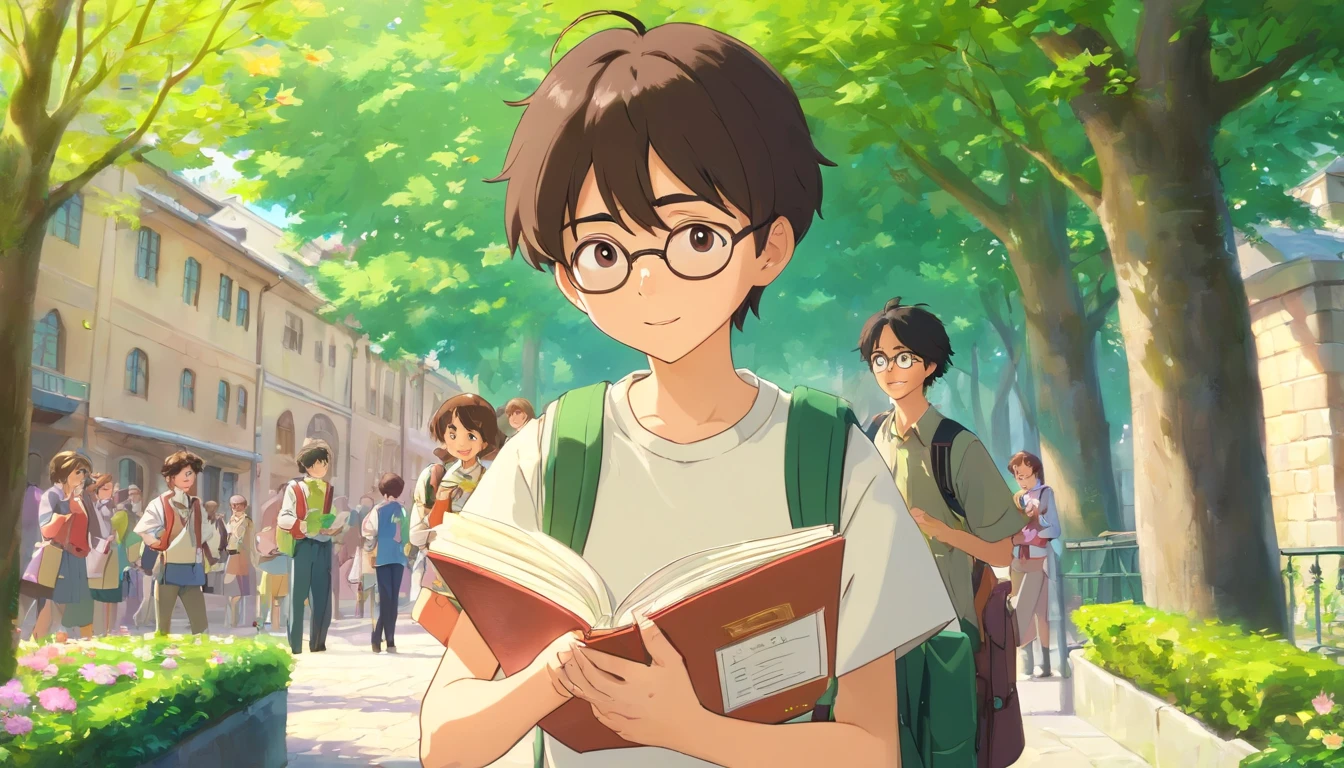 (best quality,4k,8k,highres,masterpiece:1.2),ultra-detailed,(realistic,photorealistic,photo-realistic:1.37),school boy giving a letter to a girl he likes in school,boy's school uniform,beautiful detailed eyes,beautiful detailed lips,short black hair,shy smile,holding a neatly folded letter,standing in a lush green courtyard,with blooming flowers surrounding,feeling nervous yet excited,blushes on his cheeks,in the background,other students talking and laughing,carrying backpacks,having lunch,reading books,enjoying outdoor activities,enjoying the sunny day,artistic portrayal,soft pastel colors,subtle sunlight filtering through the trees,a hint of warm orange tones,creating a cheerful and romantic atmosphere.
