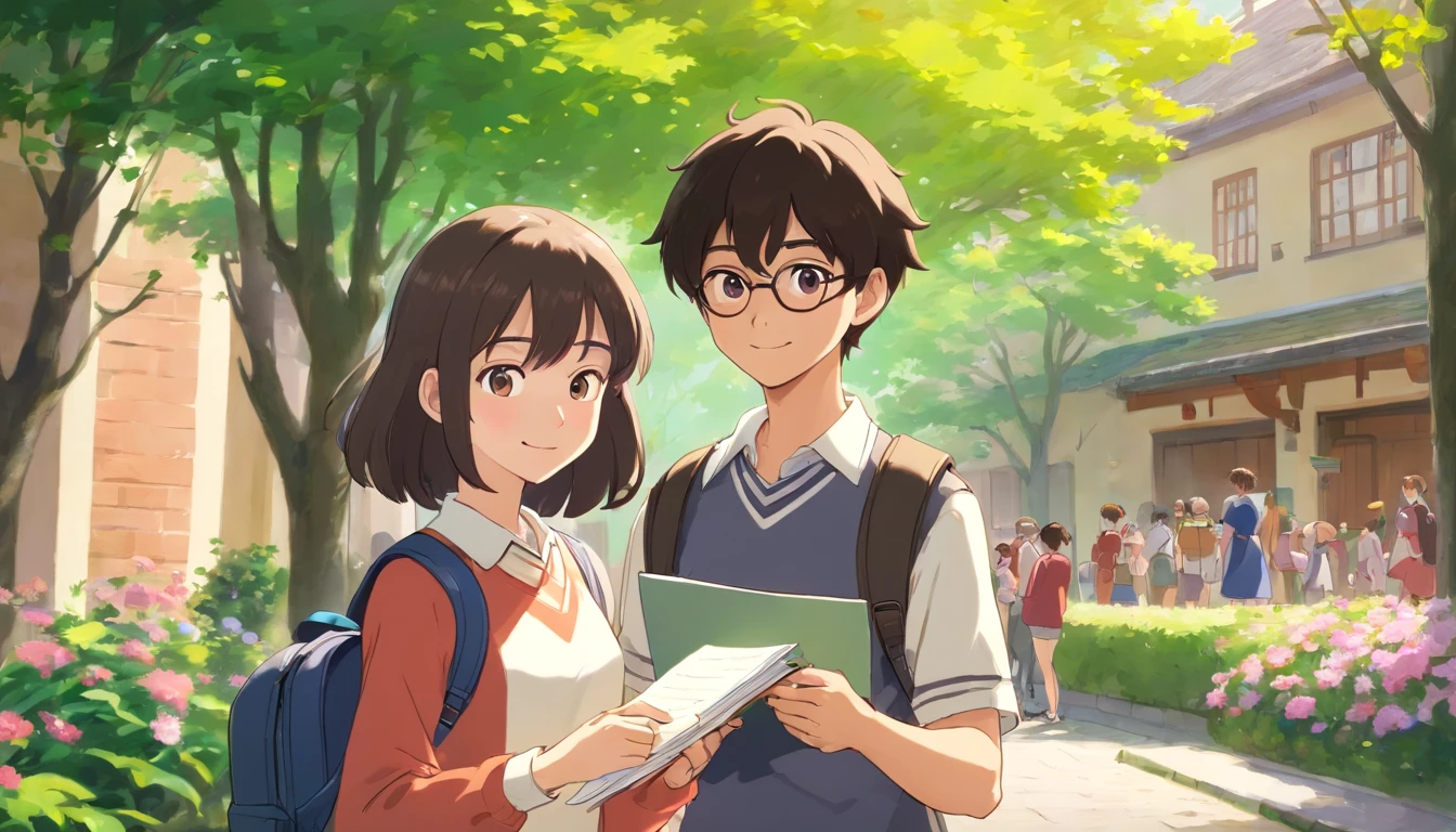 (best quality,4k,8k,highres,masterpiece:1.2),ultra-detailed,(realistic,photorealistic,photo-realistic:1.37),school boy giving a letter to a girl he likes in school,boy's school uniform,beautiful detailed eyes,beautiful detailed lips,short black hair,shy smile,holding a neatly folded letter,standing in a lush green courtyard,with blooming flowers surrounding,feeling nervous yet excited,blushes on his cheeks,in the background,other students talking and laughing,carrying backpacks,having lunch,reading books,enjoying outdoor activities,enjoying the sunny day,artistic portrayal,soft pastel colors,subtle sunlight filtering through the trees,a hint of warm orange tones,creating a cheerful and romantic atmosphere.