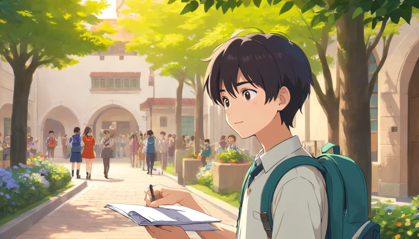 (best quality,4k,8k,highres,masterpiece:1.2),ultra-detailed,(realistic,photorealistic,photo-realistic:1.37),school boy giving a letter to a girl he likes in school,boy's school uniform,beautiful detailed eyes,beautiful detailed lips,short black hair,shy smile,holding a neatly folded letter,standing in a lush green courtyard,with blooming flowers surrounding,feeling nervous yet excited,blushes on his cheeks,in the background,other students talking and laughing,carrying backpacks,having lunch,reading books,enjoying outdoor activities,enjoying the sunny day,artistic portrayal,soft pastel colors,subtle sunlight filtering through the trees,a hint of warm orange tones,creating a cheerful and romantic atmosphere.