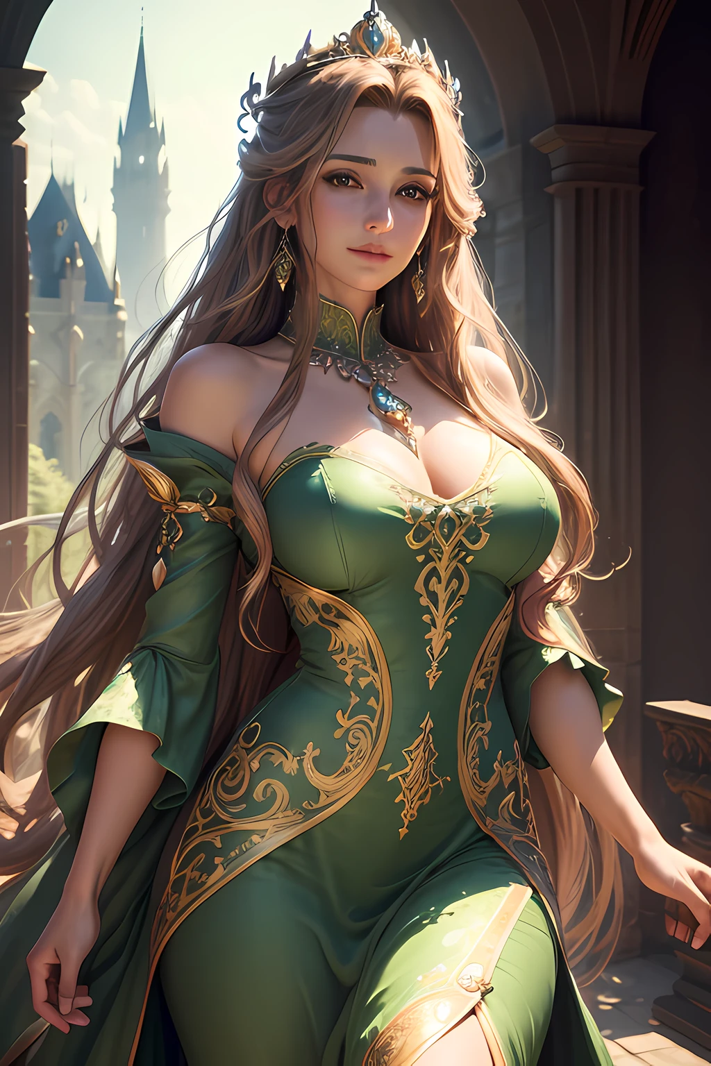 (highres, ultra-detailed, realistic:1.37), aerith, final fantasy, beautiful body, beautiful detailed eyes, detail-oriented nose, luscious lips, long flowing hair, radiant smile, elegant crown, royal attire, intricate jewelry, graceful pose, enchanting expression, majestic castle in the background, vibrant colors, soft lighting, regal atmosphere, atmospheric perspective, stunning landscape, floating clouds, magical aura, timeless beauty, intricate patterns, ethereal ambiance, striking contrast, dreamlike quality, cinematic composition, green dress