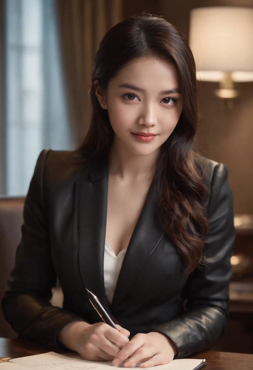 Wearing black leather gloves on both hands, Upper body, Black business suit, Facing a desk in a modern study in the dark, Looking down, Smiling, Use a fountain pen to write a letter, long, Straight black hair, Japan female new employee with young and cute face (Black leather gloves cover both hands)