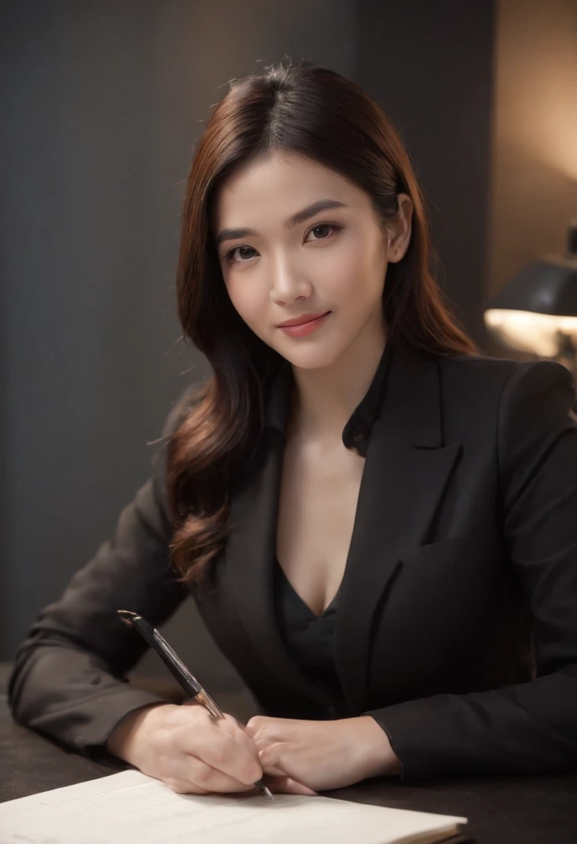Wearing black leather gloves on both hands, Upper body, Black business suit, Facing a desk in a modern study in the dark, Looking down, Smiling, Use a fountain pen to write a letter, long, Straight black hair, Japan female new employee with young and cute face (Black leather gloves cover both hands)