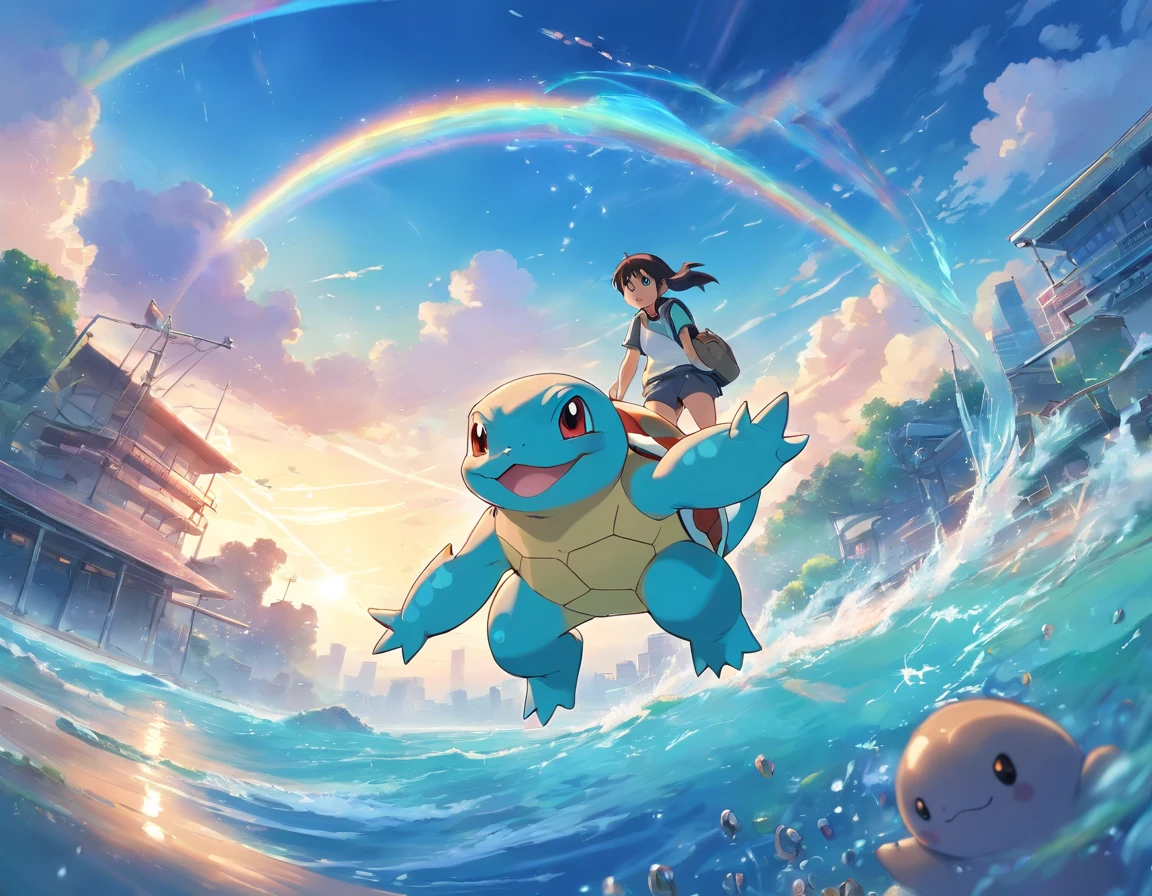 Pokémon，Jeni Turtle，adolable，Beautiful fusion monsters，Carry the case，Fantastical colors，Natural，Take the swimming ring，Standing on the sea with your waist crossed