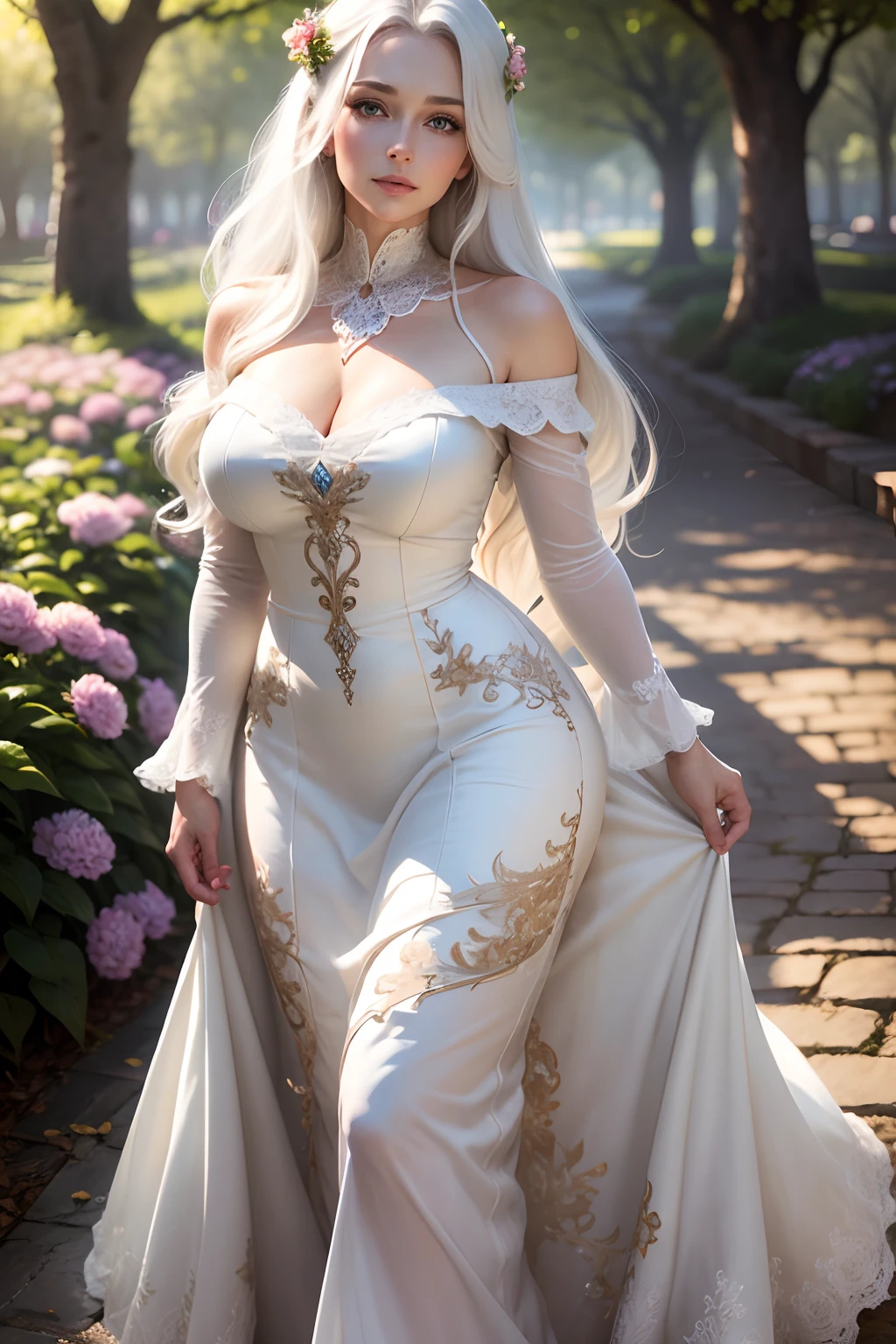 (best quality,4k,highres),realistic,photorealistic:1.37,mature milf, illyasviel von einzbern, white hair, full body,beautiful detailed eyes,beautiful detailed lips,long eyelashes,white iris,mature and elegant look,long flowing white hair,slight curls,white dress,subtle floral patterns,airy fabric texture,soft and natural lighting,faint sunlight streaming through trees,dappled shadows on the ground,lush green garden with colorful flowers in bloom,peaceful and serene atmosphere.