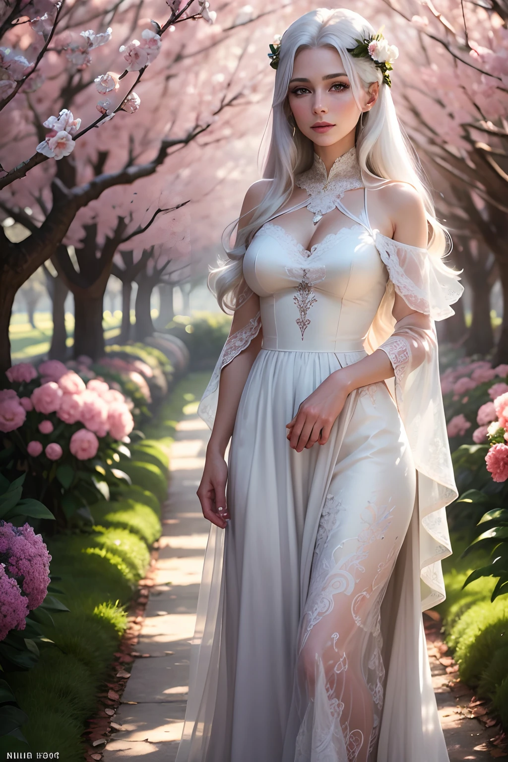 (best quality,4k,highres),realistic,photorealistic:1.37,mature milf, illyasviel von einzbern, white hair, full body,beautiful detailed eyes,beautiful detailed lips,long eyelashes,white iris,mature and elegant look,long flowing white hair,slight curls,white dress,subtle floral patterns,airy fabric texture,soft and natural lighting,faint sunlight streaming through trees,dappled shadows on the ground,lush green garden with colorful flowers in bloom,peaceful and serene atmosphere.