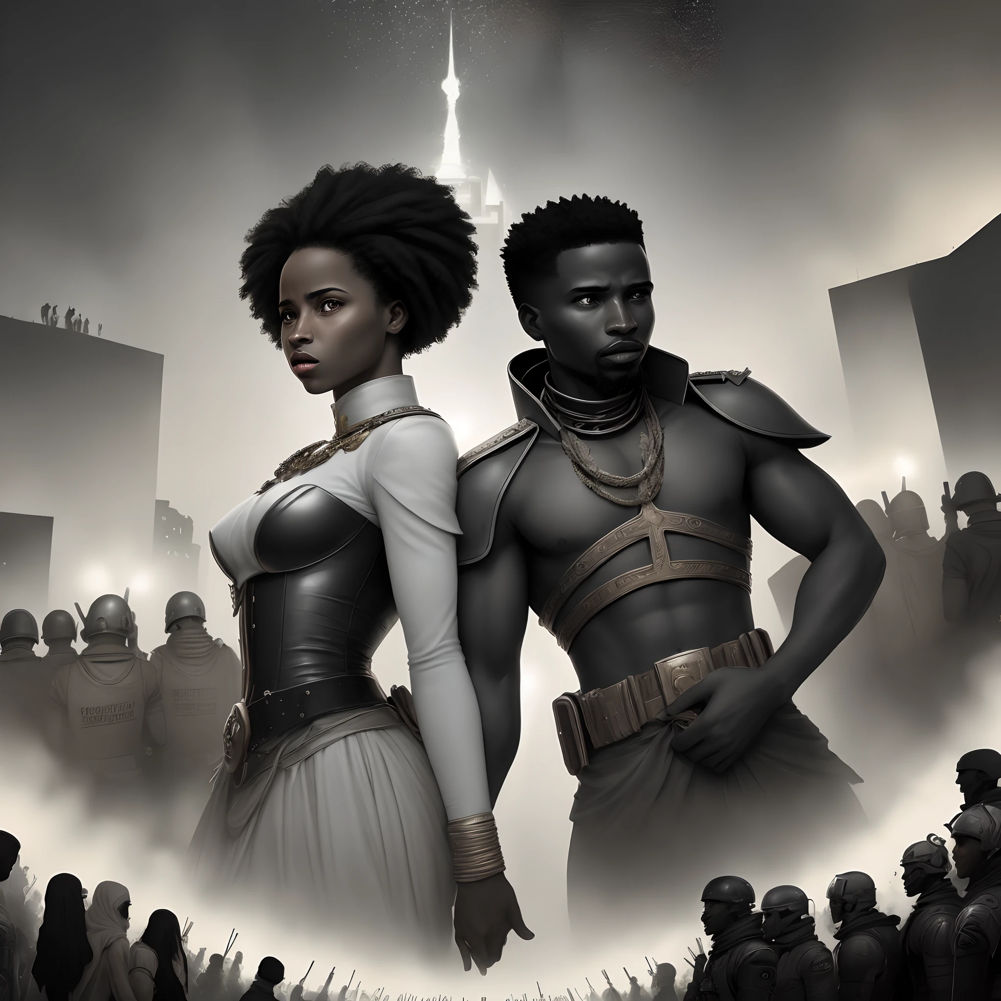Titre du livre : "Revolution in the Land of Upright Men"Prompte : "Create an epic cover image for 'Revolution in Starland', a captivating narrative set in a futuristic and hierarchical Burkina Faso. The image must reflect the story of two heroes, Aminata(noire) et Moussa, who fight for justice and freedom in a divided society. Highlight the contrast between the oppression of the corrupt government and the hope of revolution. Use iconic elements of the book such as stars, Symbols of resistance, and a color palette that evokes both struggle and hope."