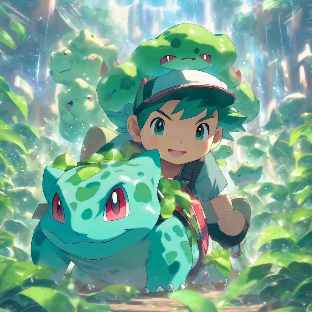 Bulbasaur and Pokémon trainer with frog hat,Highest image quality,Cinematic texture,A masterpiece,tmasterpiece,