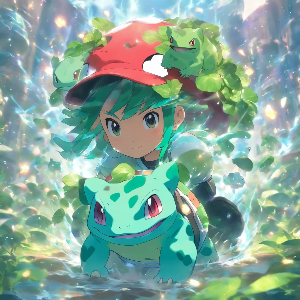 Bulbasaur and Pokémon trainer with frog hat,Highest image quality,Cinematic texture,A masterpiece,tmasterpiece,