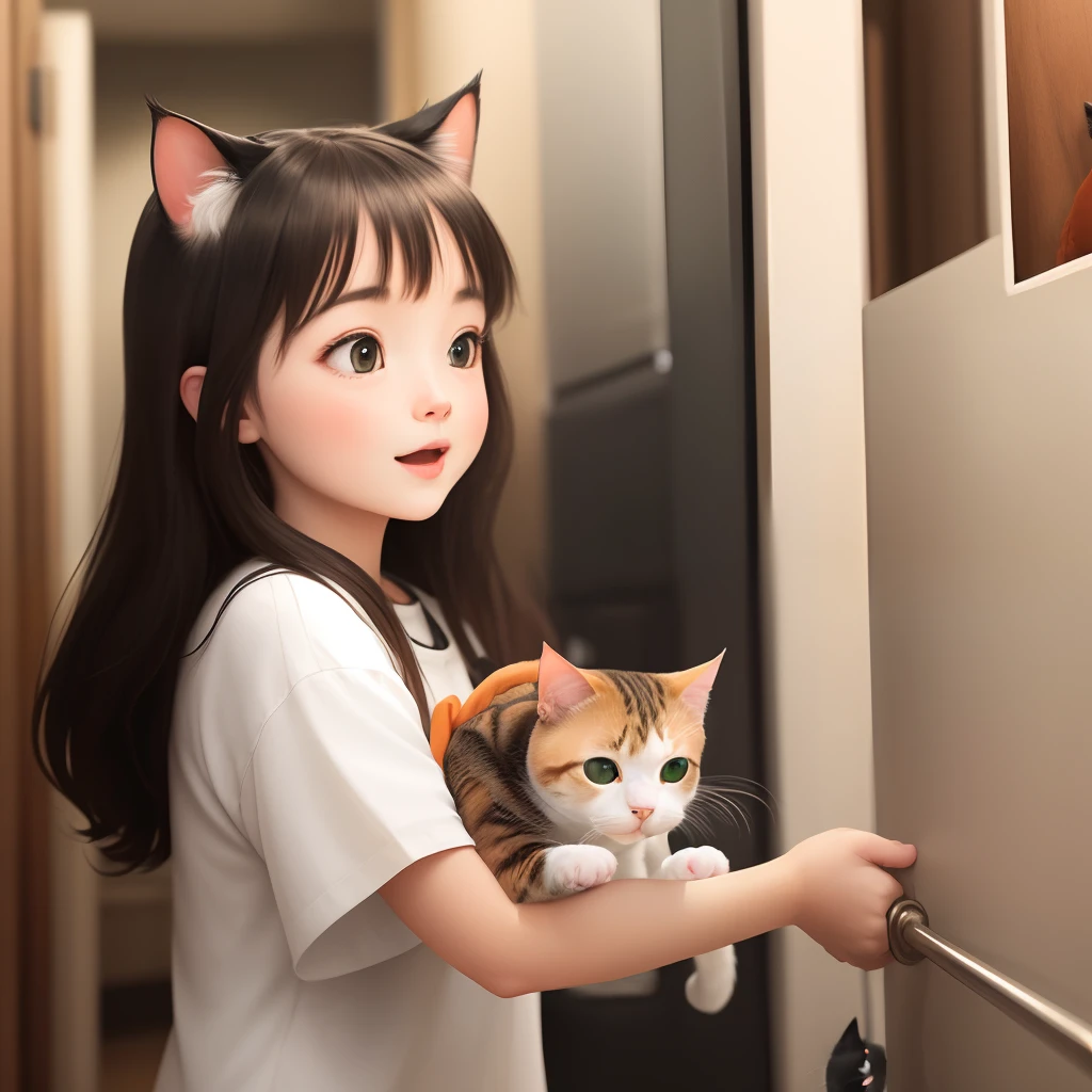 Girl grabbing 2 cats one white and the other orange