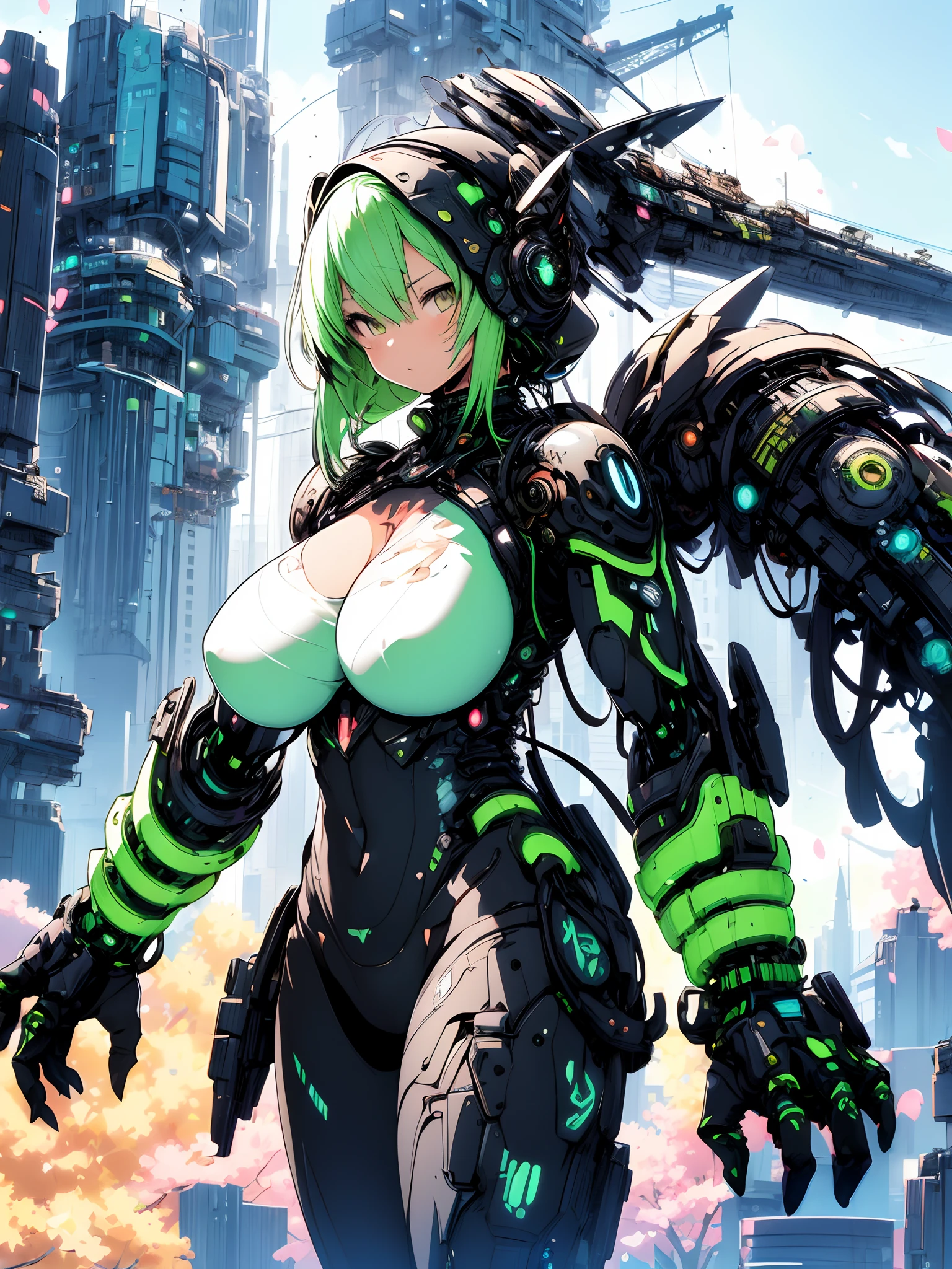 The most beautiful and sexy mecha warrior girl, neon green hair, yellow eyes, wearing a highly detailed futuristic hooded mecha battle armor, mechanical angel wings, huge enormously gigantic tits, cleavage showing, tons of tattoos and piercings, in hyper futuristic city metropolis, cherry blossoms blowing in the wind, highly detailed background, absurdres, highres, ultra detailed, (cute illustration:1.5), (cute,kawaii,sweet:1.2),
(1girl:1.4), bodysuit, cyborg girl,
hyper gigantic mechanical hands,dynamic pose, 
nice hands, perfect hands, incredibly cinematic, best quality, best resolution