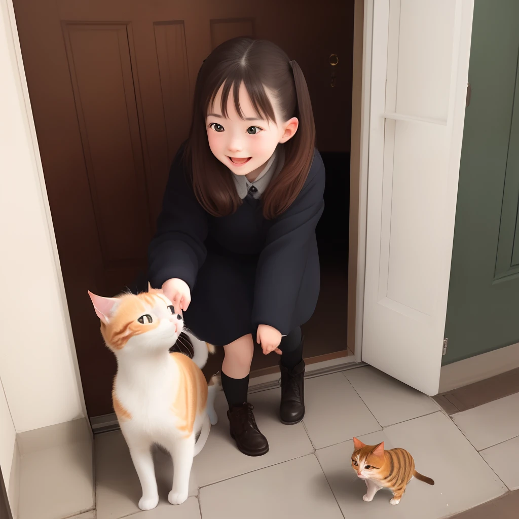 Girl grabbing two cats, one white and the other orange