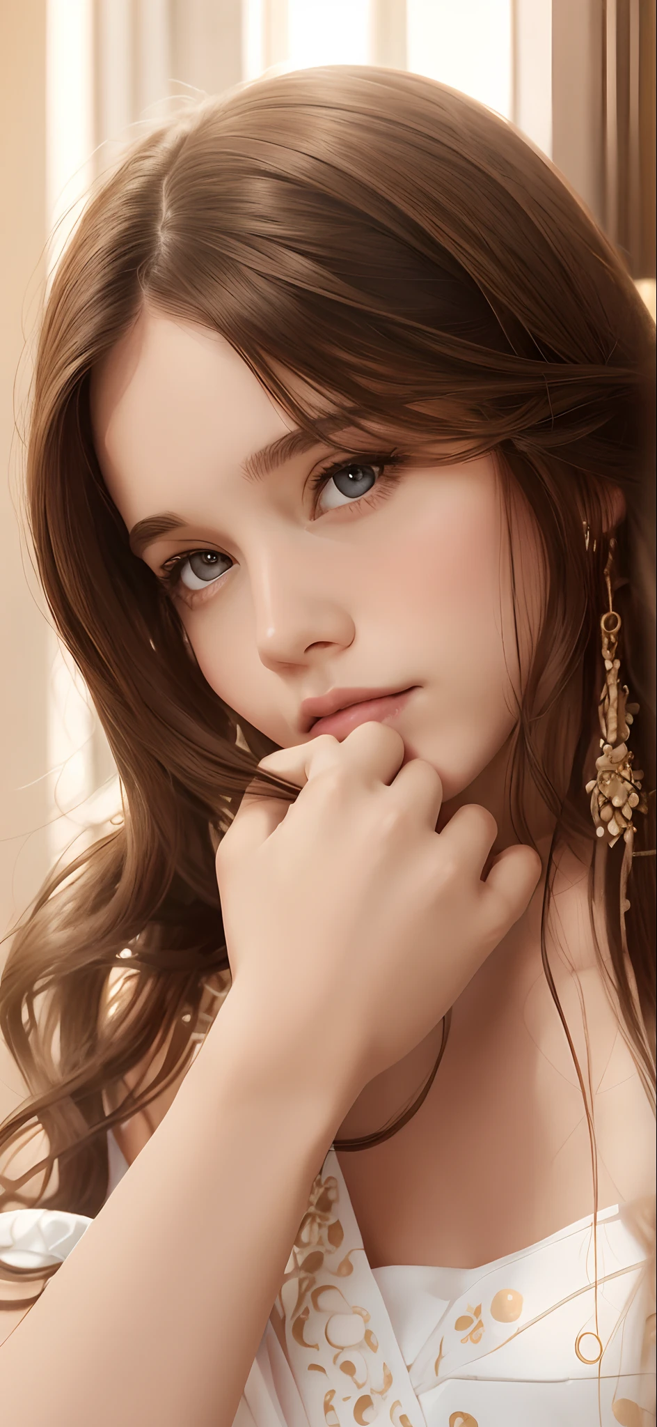 1girl,solo,long hair,brown hair,looking at viewer,realistic,Pure bule fashion background,brown eyes,dress,bare shoulders,upper body,lips,parted lips,white dress,strapless,from side,looking to the side,breasts,masterpiece,best quality,high quality,face focus,fashion photography,