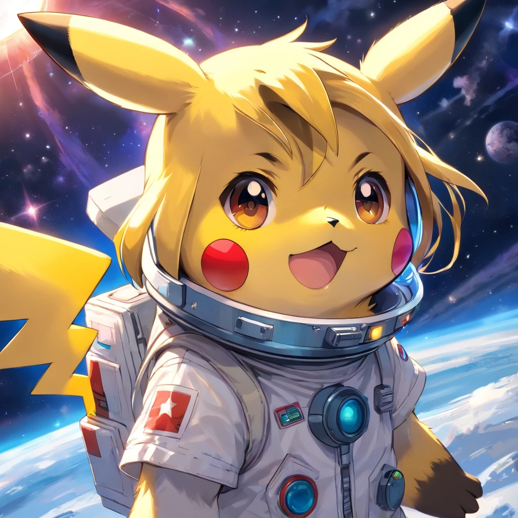 Playful and cute Pikachu in astronaut clothes，Liveliness and agility，yellow and soft hair，red blush，Big sparkly eyes，Cute pointed ears。(Pikachu:1.5)