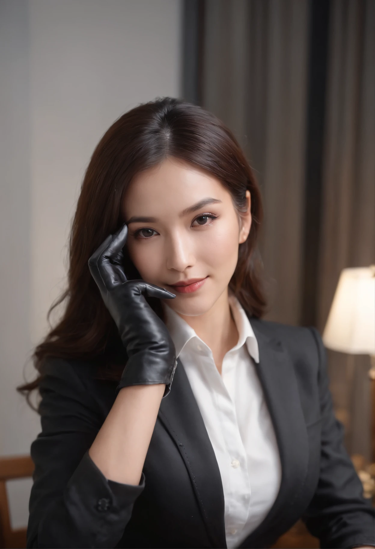 Wearing black leather gloves on both hands, Upper body, Black business suit, Facing a desk in a modern study in the dark, Looking down, Smiling, Use a fountain pen to write a letter, long, Straight black hair, Japan female new employee with young and cute face (Black leather gloves cover both hands)