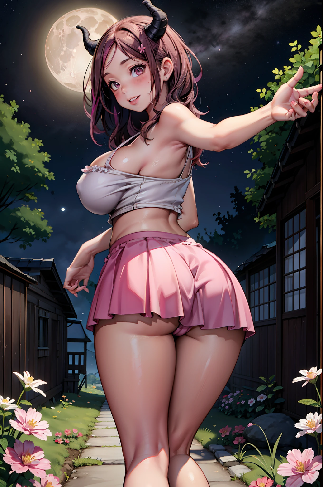 masterpiece, best quality, 4k, brown and pink hair, brown hair, ((streaked hair,)) succubus horns, huge breasts, tank top, ruffle, spaghetti strap, miniskirt, pov selfie, cleavage, outdoors, forest, starry sky, moon, wide hips, huge butt, hair ribbon, pink eyes, smile, panty peak, looking at viewer, from behind, pink theme, 1girl, chromatic aberration, flower field, forest, thick lips