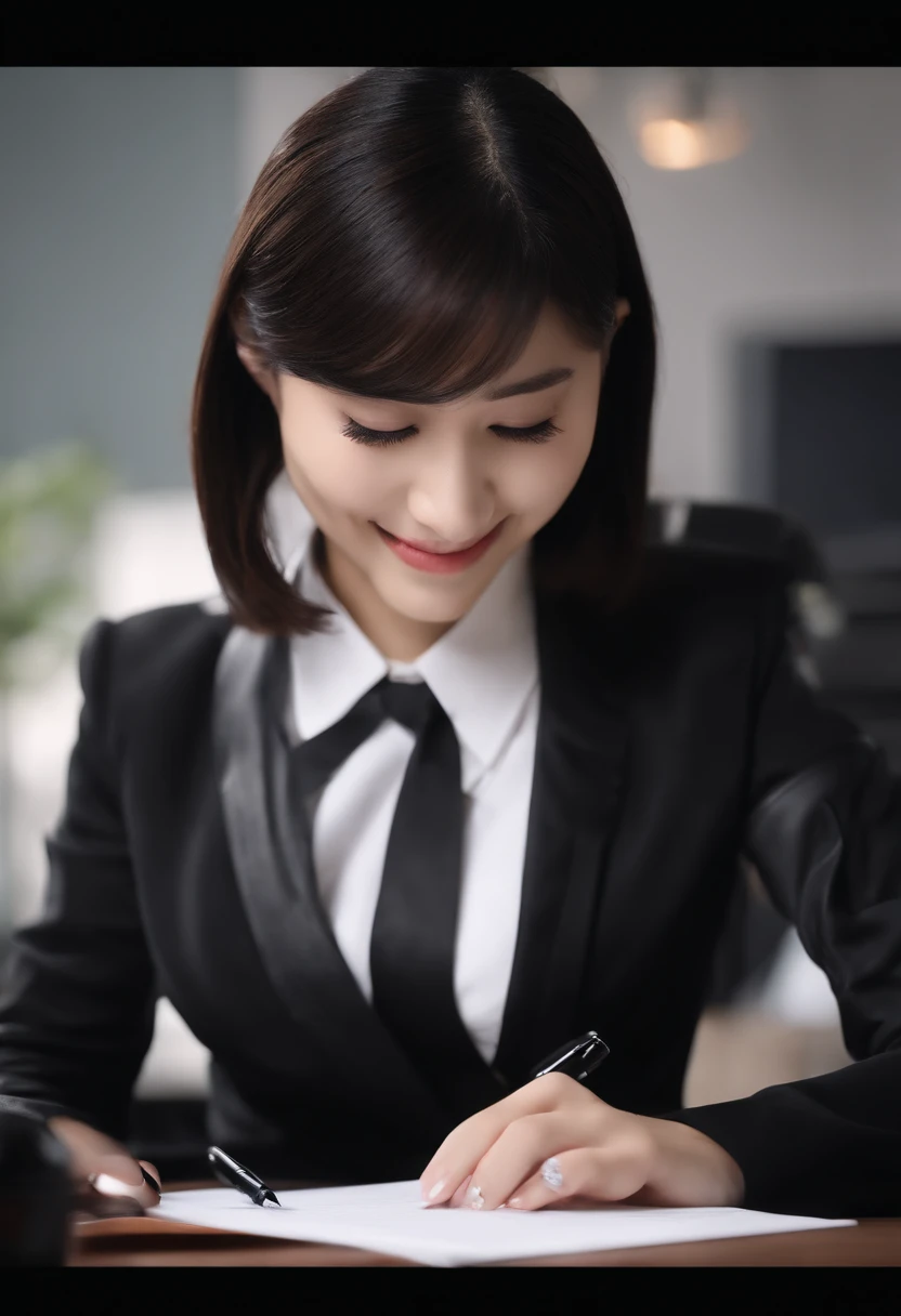 Wearing black leather gloves on both hands, Upper body, Black business suit, Facing a desk in a modern study in the dark, Look down and smile, Use a fountain pen to write a letter, long, Straight black hair, Young and very cute Japan female new employee (Black leather gloves cover both hands)